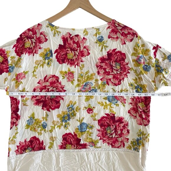 J Jill Petite L Cottage Floral Tunic Boho Boxy Blouse 3/4 Sleeve Lace Trim Rayon - Picture 9 of 16